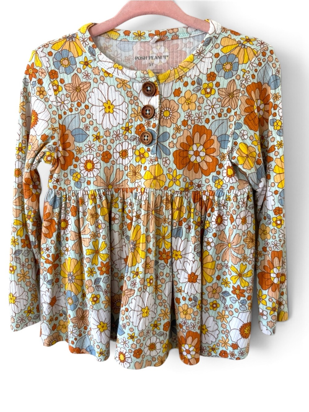 Posh Peanut Girls 2T Retro Floral Daisy Ribbed Bamboo Tunic Top